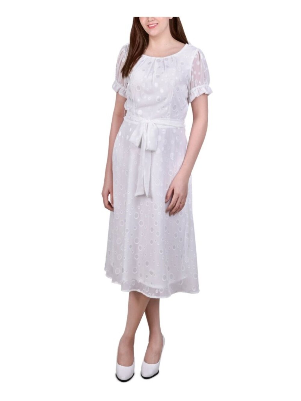 NY Collection Womens Petite Swiss Dot Belted MIDI Dress Ivory Size S NWT